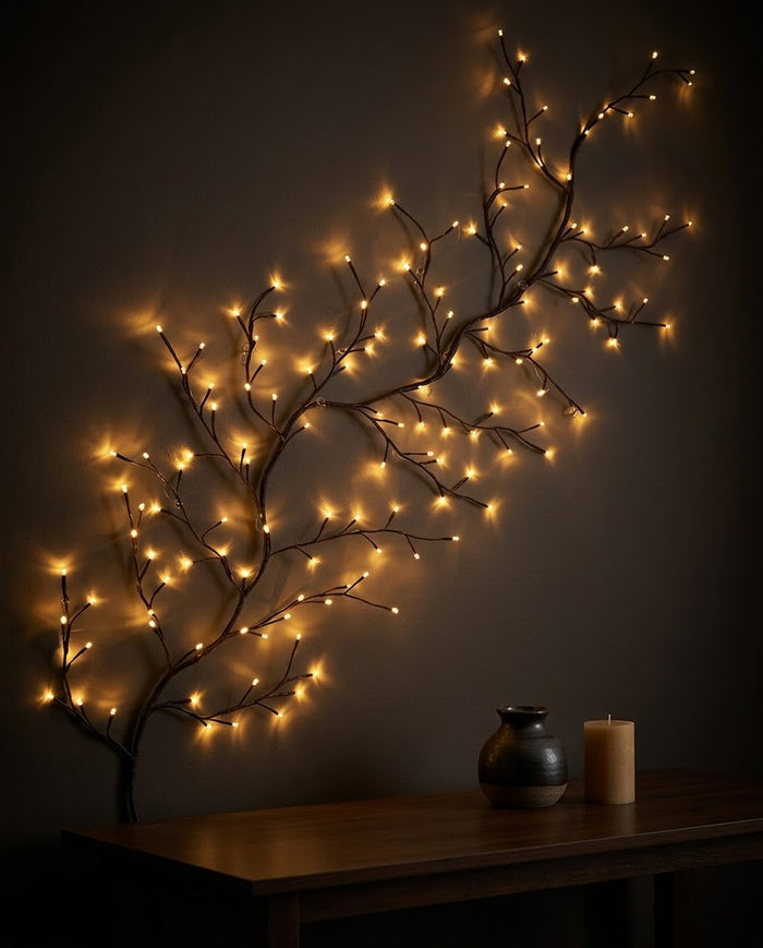 Branching willow vine light glowing warm white on a dark wall above a wooden console table