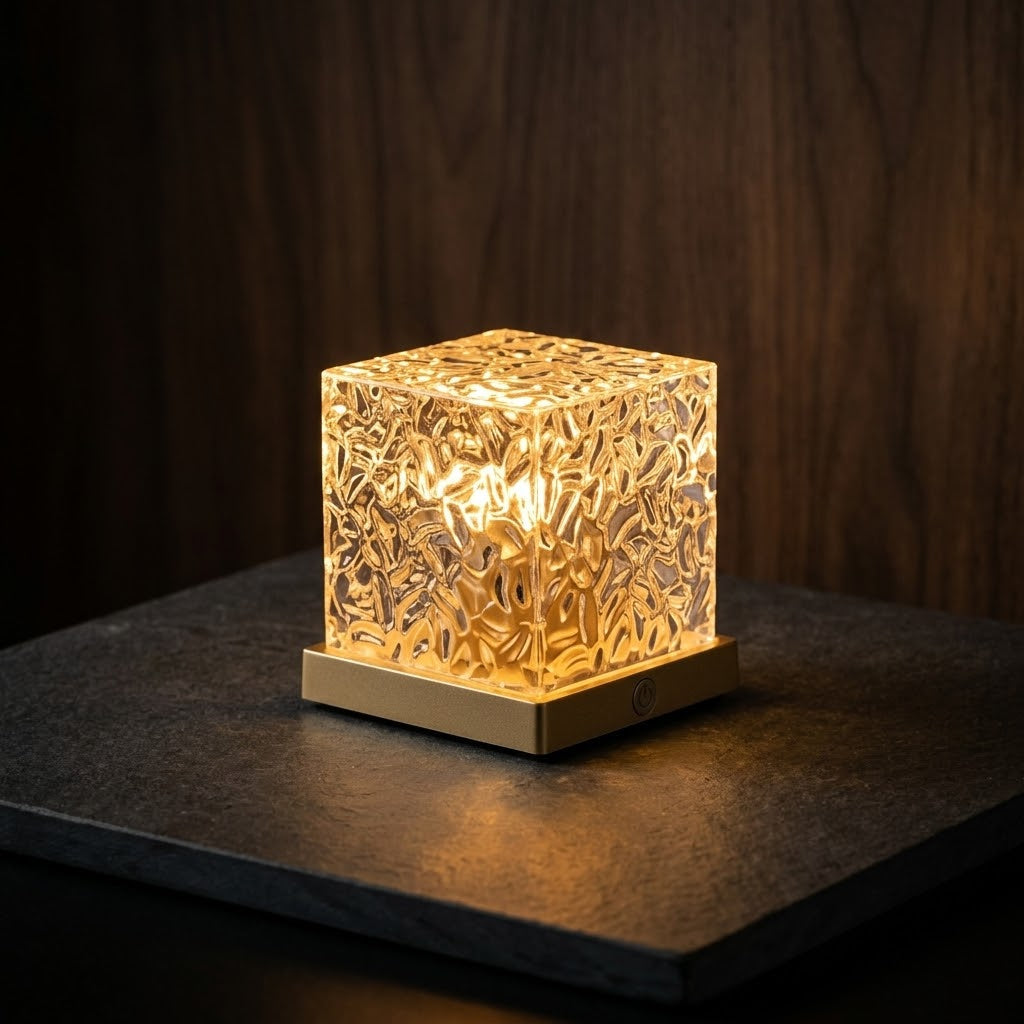 Hand holding the Givre crystal lamp, showing its crackled texture glowing warm amber
